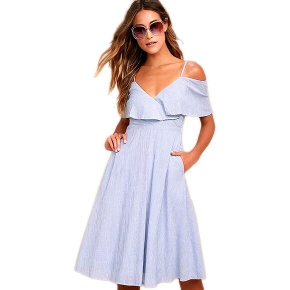 LULUS Yacht Rock Blue & White Striped Off-the-Shoulder Midi Dress Women's Medium - Picture 1 of 7